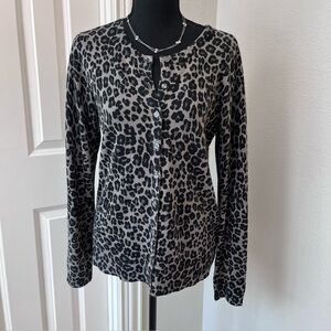 Croft & Barrow Leopard Cheetah Button Cardigan Sweater Black Gray Sz Medium